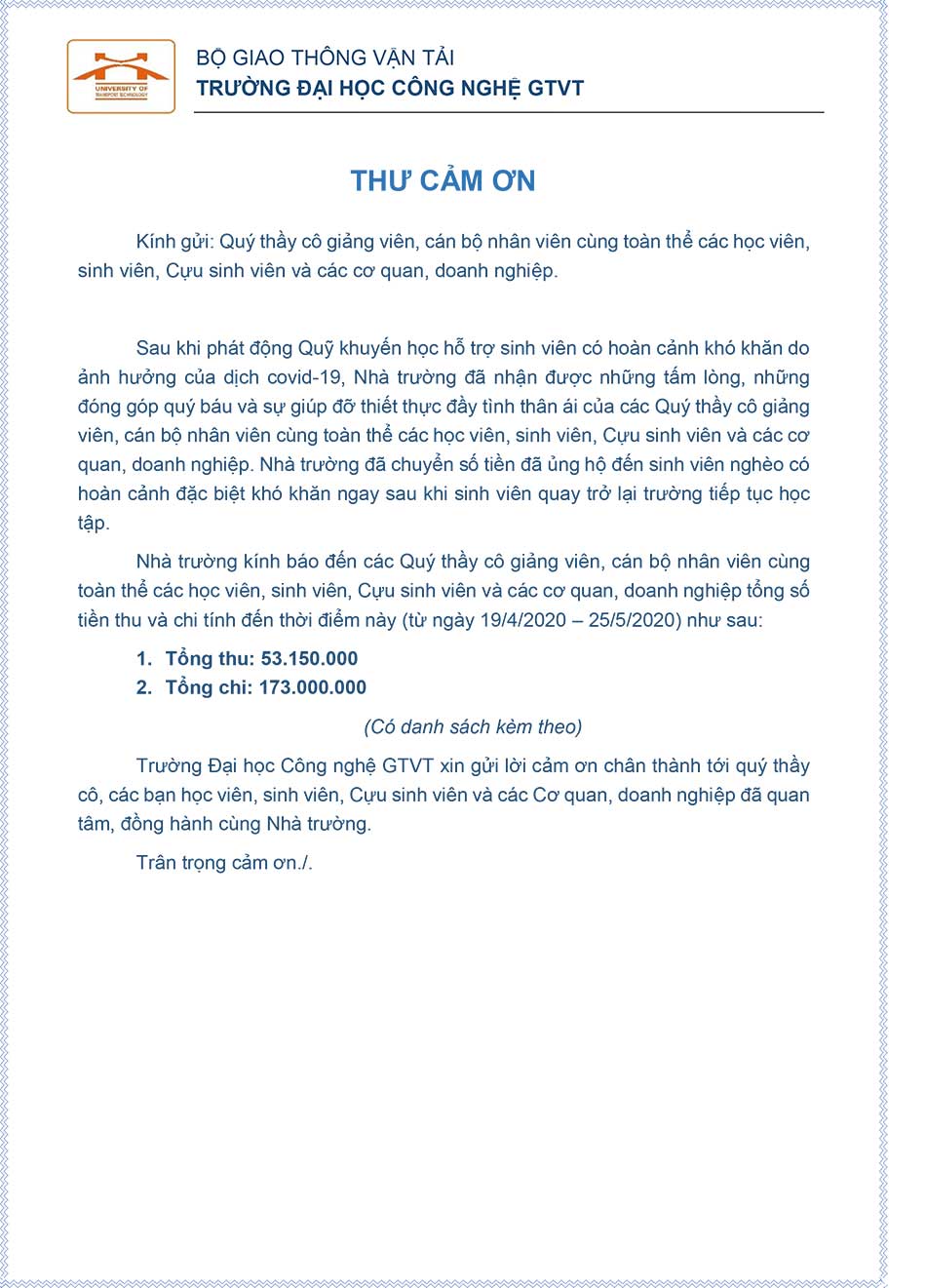 Thư cảm ơn ủng hộ Quỹ khuyến học dành cho sinh viên bị ảnh hưởng bởi dịch Covid-19