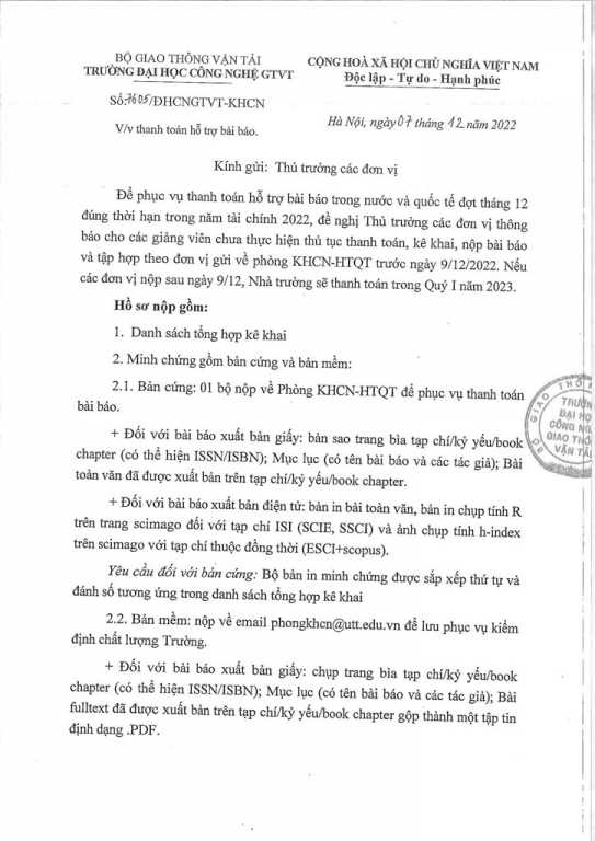 Thông báo về việc thanh toán hỗ trợ các bài báo trong nước và quốc tế năm 2022