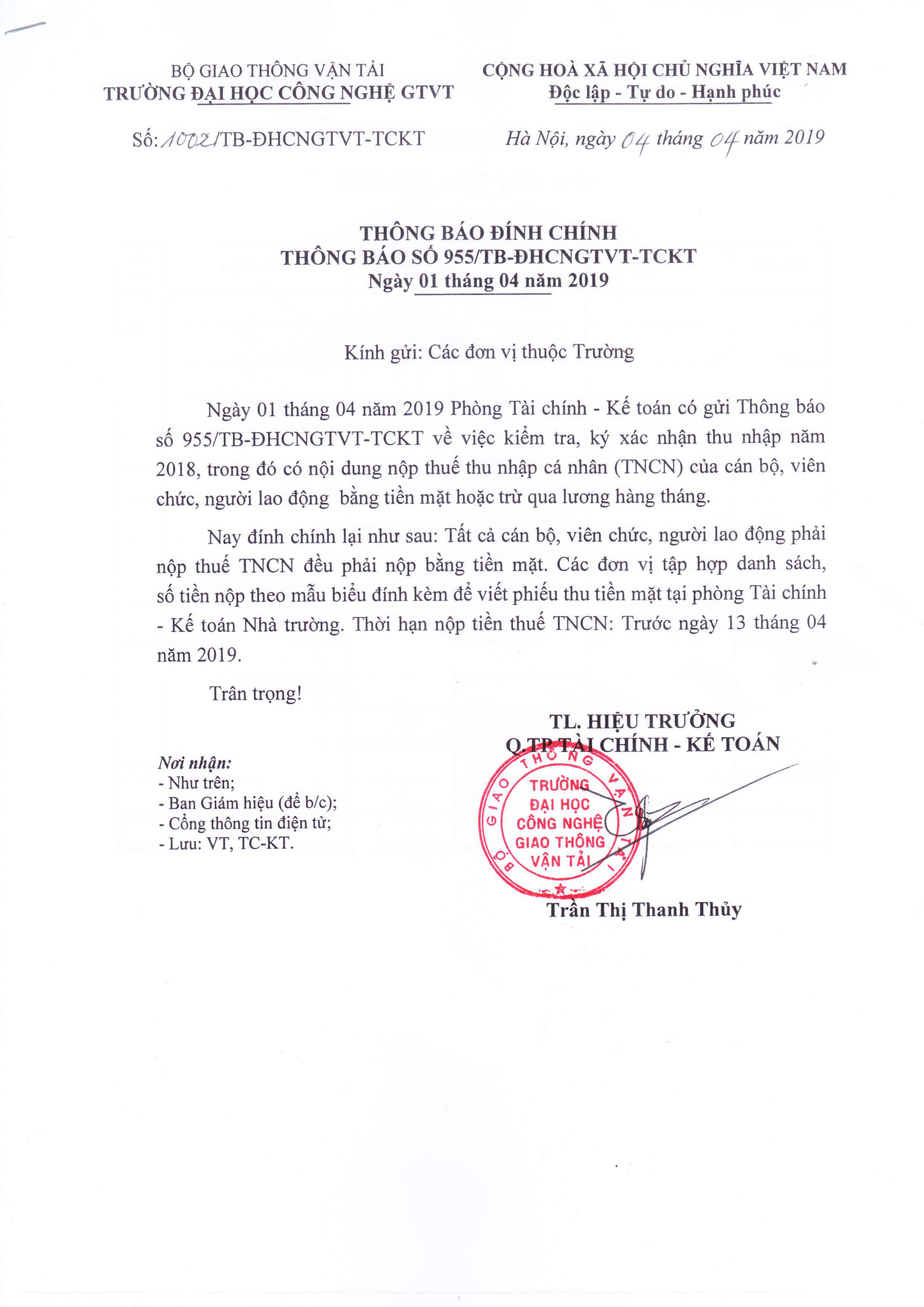 Phòng TCKT thông báo đính chính về việc kiểm tra, ký xác nhận thu nhập năm 2018