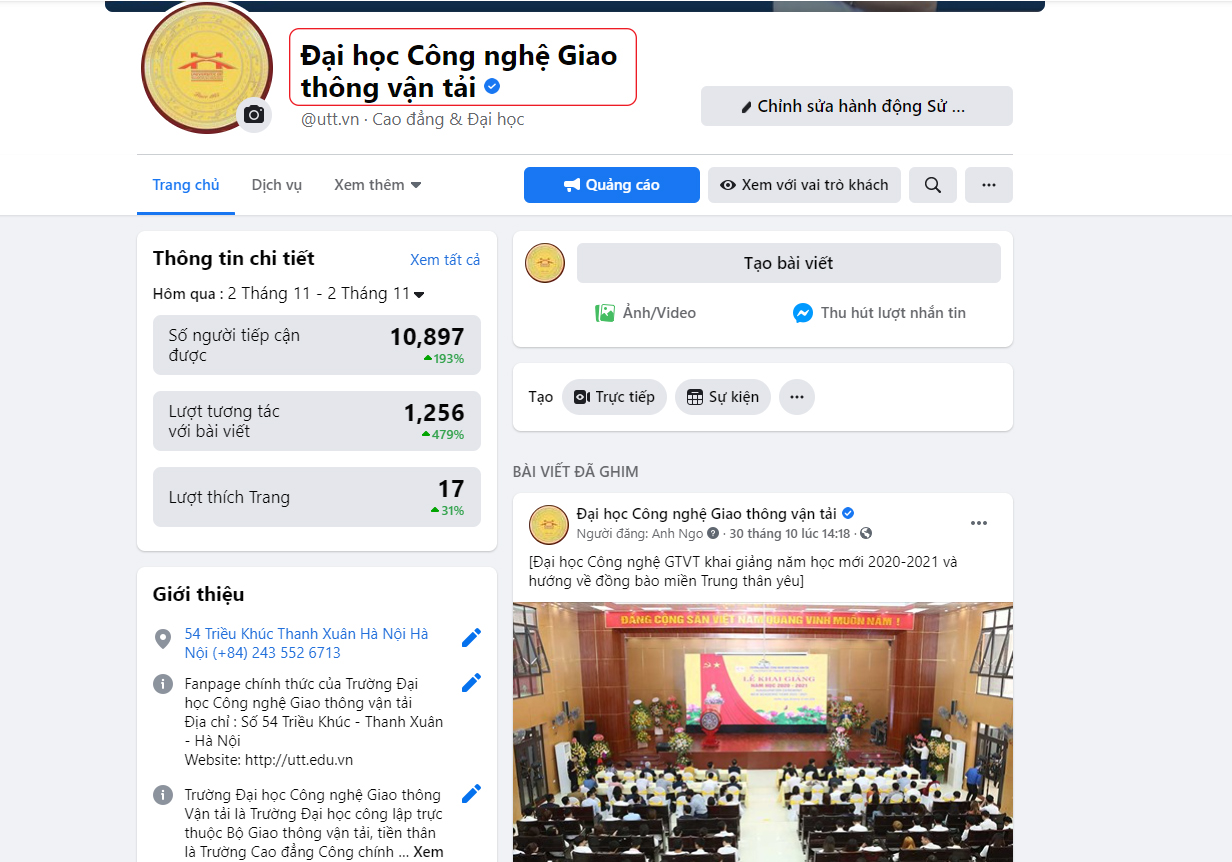 Fanpage Trường Đại học Công nghệ Giao thông vận tải được cấp huy hiệu xác minh
