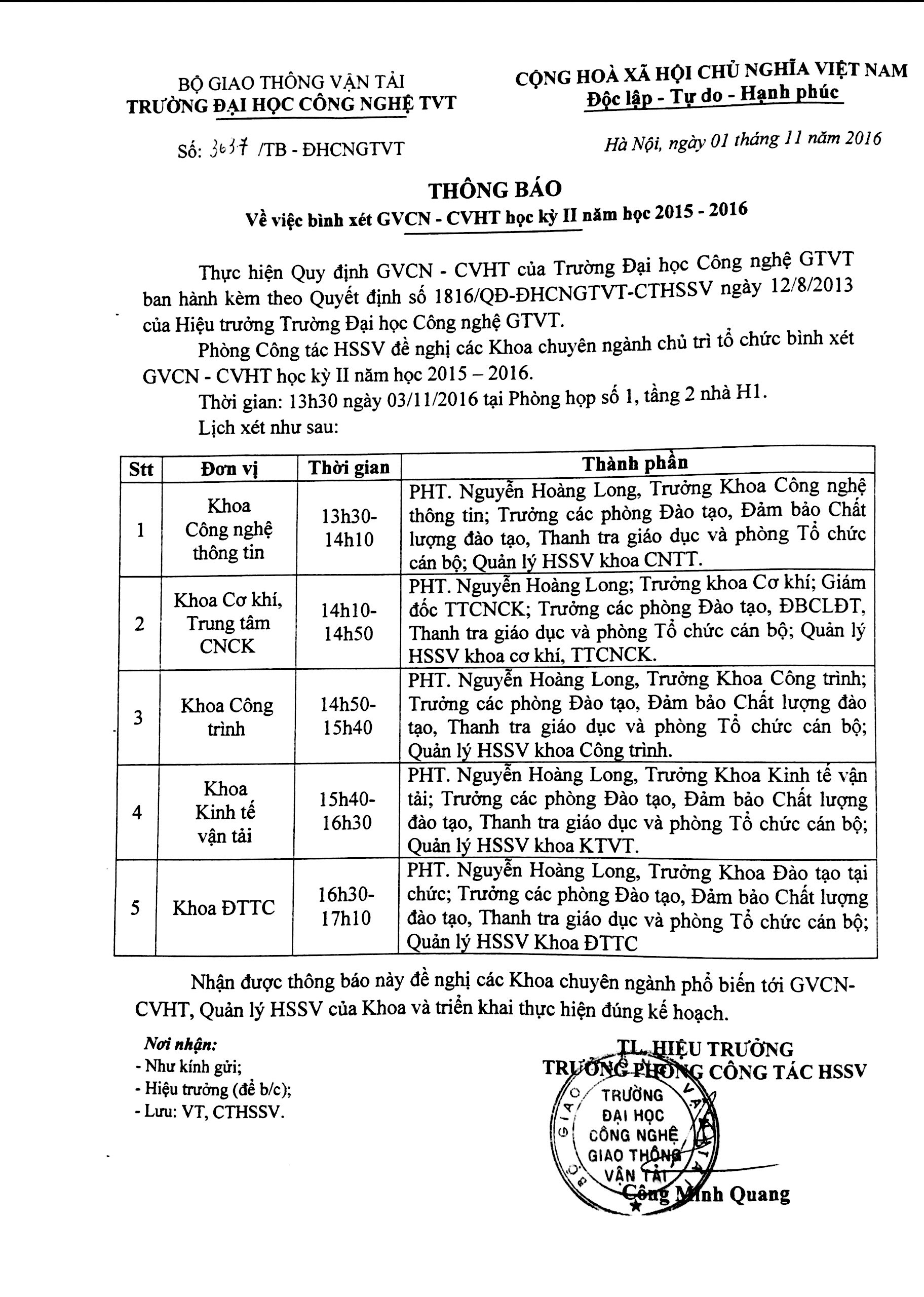 Thông báo Bình xét GVCN - CVHT học kỳ II năm học 2015 - 2016